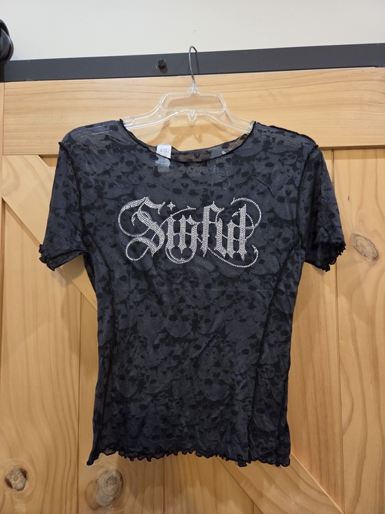 Sinful Tops - NWT | Sinful Affliction Sheer Skull Lettuce Hem Shirt Rhinestone Logo | Medium